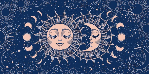塔罗牌的魔法背景占星术魔法宇宙的一种装置 新月形的月亮和蓝色背景上的太阳 异构矢量图解 — 图库矢量图片