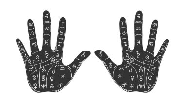 Fortune telling by hand and the lines of fate, palmistry, prediction and divination. Black palms with the signs of the planets. Vector sign for a witch, vintage design, occult symbol clipart