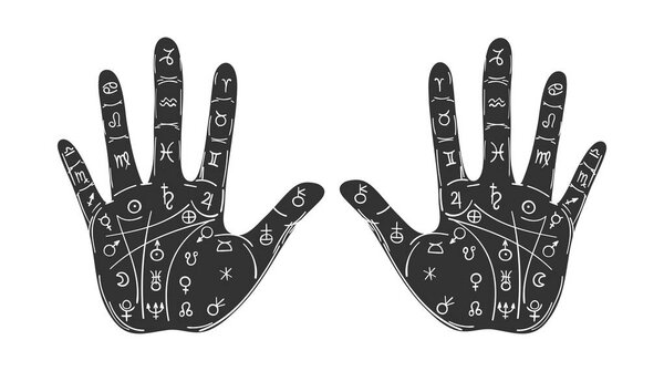 Предсказание судьбы вручную и линии судьбы, ладони, предсказания и гадания. Черные ладони со знаками планет. Векторный знак для ведьмы, винтажный дизайн, оккультный символ