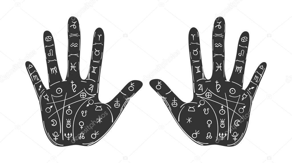 Fortune telling by hand and the lines of fate, palmistry, prediction and divination. Black palms with the signs of the planets. Vector sign for a witch, vintage design, occult symbol