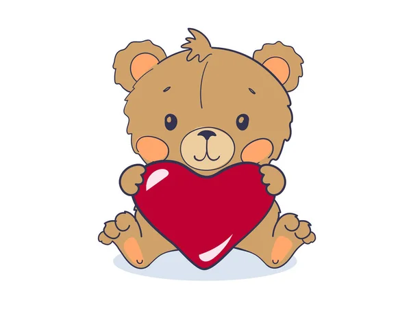 Милый Медвежонок Сидит Держит Большое Красное Сердце Симпатичное Животное День — стоковый вектор
