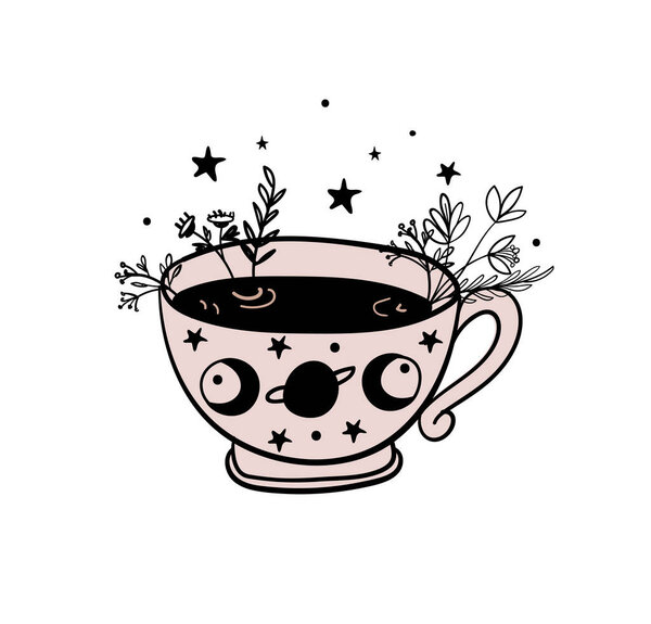 Tea time, a mug of tea, a cup of coffee. Doodle illustration for witch shop, witchcraft herbal potion, color hand drawing isolated on white background. Vector illustration