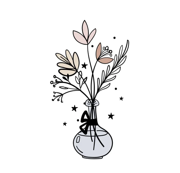 Hand Drawn Vase Bouquet Flowers Magic Illustration Bohemian Tattoo Sketch — Stock Vector