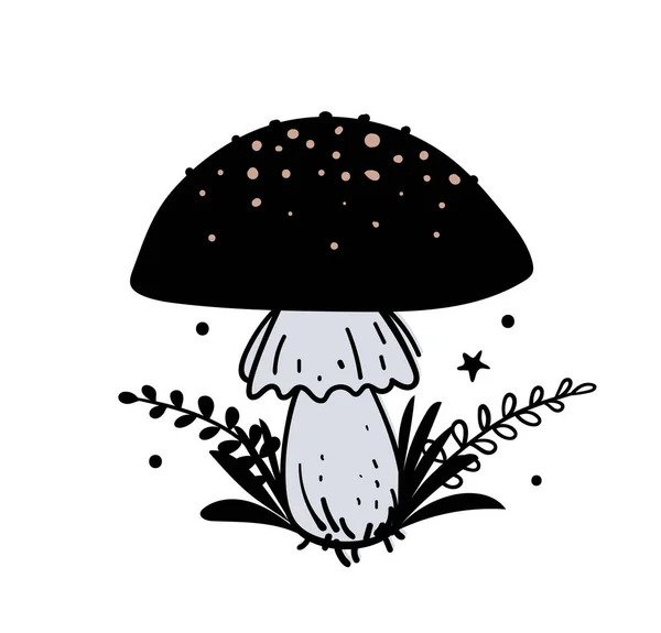 Amanita Magic Black Mushroom Plant Branches Boho Hand Drawn Illustration — Stock Vector