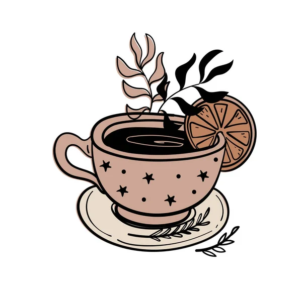 Tea Time Zitronentee Tasse Kaffeetasse Und Teller Doodle Illustration Für — Stockvektor