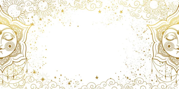 Fond Magique Blanc Avec Soleil Dormant Doré Avec Visage Décor — Image vectorielle