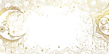 Yüzü ve hilal ile uyuyan altın güneşi olan beyaz sihirli arka plan, kopya uzay ve yıldızlı uzay deseni. Astroloji, tarot, cadının bayrağı. İlahi boho tasarımı, el çizimi vektör illüstrasyonu, klasik biçim