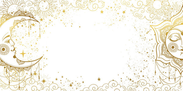 White magic background with sleeping golden sun with face and crescent moon, space pattern with copy space and stars. Layout for astrology, tarot, banner for the witch. Divine boho design, hand drawn vector illustration, vintage style