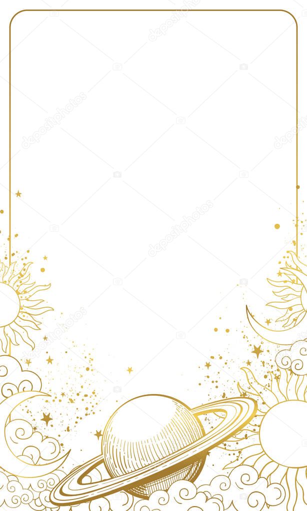 Astrological chart with planet Saturn, sun, moon and stars. Golden hand-drawn design isolated on white background. Illustration of divination or horoscope, vintage style. Vector frame with copy space