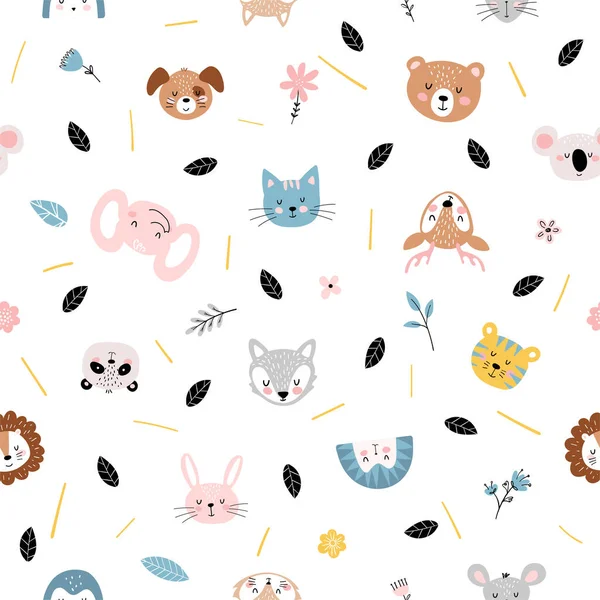 Cute Seamless Pattern Cute Baby Animals Flowers White Background Children — стоковый вектор
