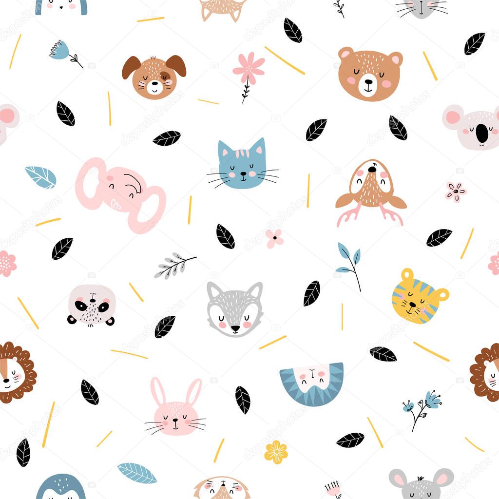 Cute seamless pattern with cute baby animals and flowers on a white background, for children s birthday, party, baby shower. Simple flat design elements. Vector illustration