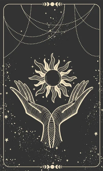 太陽を保持する2本のヤシとタロットカード 星と魔法のBohoのデザイン 彫刻のスタイル 魔女のためのカバー 星と黒の背景に描かれた黄金の神秘的な手 — ストックベクタ