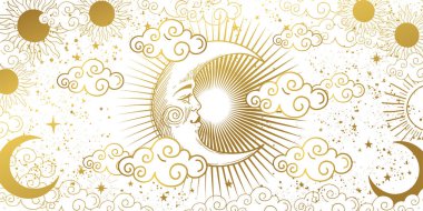 Astroloji, tarot, boho tasarımı için ilahi kart. Gökyüzünde hilal şeklinde altın bir ay bulutlar, ay ve güneş beyaz bir zemin üzerinde. Büyücülüğün esrarengiz çizimi, desen.