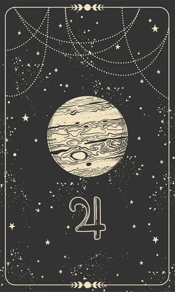 Planeta Júpiter, dibujo de mano lineal en una tarjeta espacial negra con estrellas. Símbolo de astrología, signos del zodíaco, adivinación, carta natal. Ilustración mágica vectorial. — Vector de stock