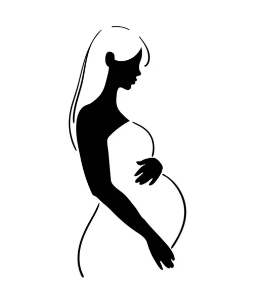 임신과 모성, 선그리기, 로고, 상징. 임신 한 여성, 검은 실루엣은 흰 배경에 고립되어 있었습니다. 엄마가 아기를 낳는대. 벡터 일러스트. — 스톡 벡터