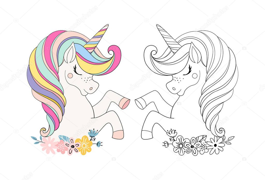 Coloring page Unicorn head with flower in boho design. Beautiful portrait of a magic horse for invitation, baby shower. Colorfull colored vector illustration isolated on white background.