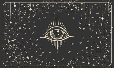 Arap rakamları olan siyah bir arka planda her şeyi gören bir göz. Numeroloji, astroloji ve öngörü için klasik bir model. Modern ezoterik vektör pankartı.
