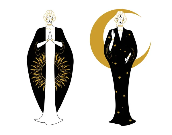 Symbol dzień i noc, Stojące kobiety w ubraniach ze słońcem i księżycem, ręcznie rysowane ilustracje graficzne. Pojęcie orientalnego horoskopu, chińska mitologia, tatuaż z czarami wyizolowany na białym — Wektor stockowy