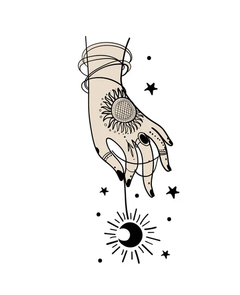 Bruja sosteniendo con amuleto de mano con luna creciente, dibujo a mano simple tatuaje boho, diseño vintage moderno. Símbolo mágico para brujería, astrología, quiromancia. Ilustración vectorial aislada sobre un blanco — Vector de stock