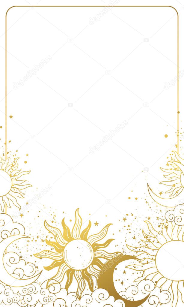 Heavenly modern card with golden sun and moon, vintage background for astrology and horoscope, natal chart with stars in boho design. Vector illustration isolated on white background.