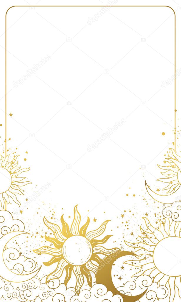 Heavenly modern card with golden sun and moon, vintage background for astrology and horoscope, natal chart with stars in boho design. Vector illustration isolated on white background