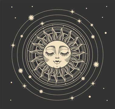 Tarot kartı, astroloji ve kutsal boho tasarımı için modern klasik mistik tarzda vektör illüstrasyonu. Yüzü koyu arkaplanlı, yıldızlı altın bir güneş. İşlemenin grafiksel biçimlendirmesi.