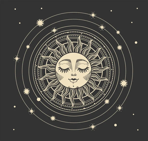 Ilustración vectorial en estilo místico vintage moderno para carta del tarot, astrología, diseño boho celestial. Sol dorado con una cara sobre un fondo oscuro con estrellas. Estilización gráfica del grabado. — Archivo Imágenes Vectoriales