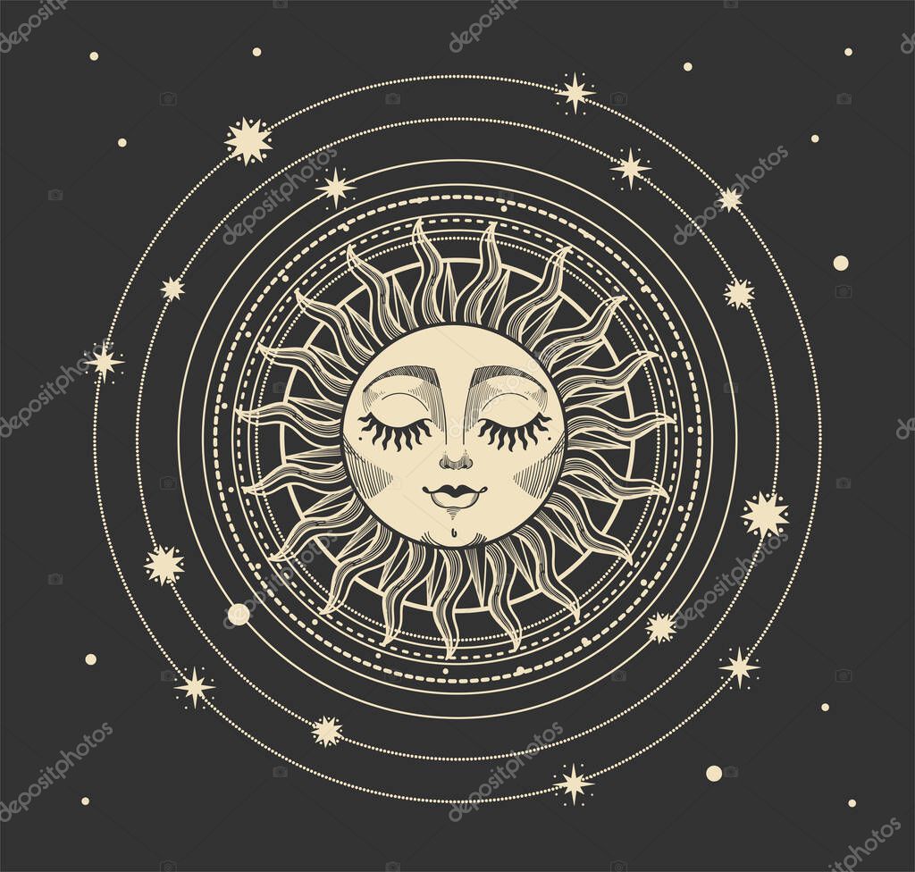 Vector illustration in modern vintage mystical style for tarot card, astrology, heavenly boho design. Golden sun with a face on a dark background with stars. Graphic stylization of engraving