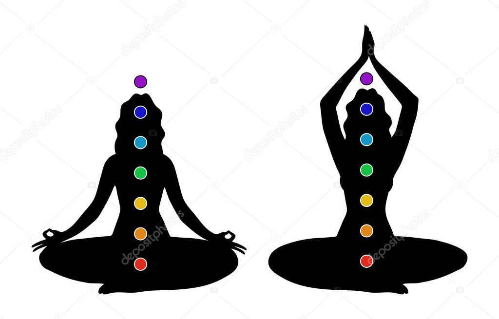 Female black silhouette with seven colored chakras. A woman practices yoga in the lotus position with the designation of the chakras in the body. Vector illustration isolated on white background.