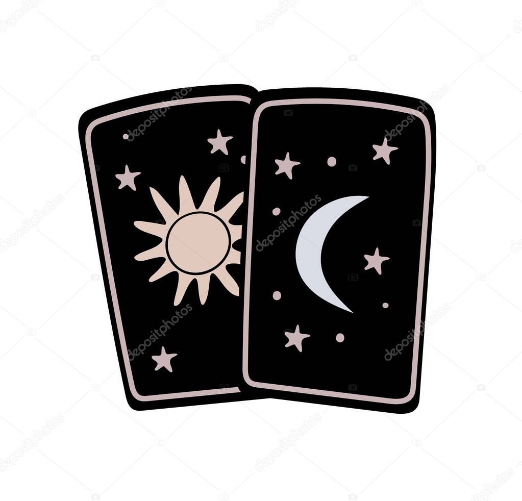 Simple doodle of a tarot card with sun and moon, boho tattoo, symbol of fortune-telling and prediction, icon for witch. Vector illustration isolated on white background.