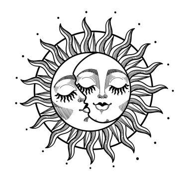 İlahi güneş ve hilal şeklinde yüzlü, elle çizilmiş grafik şekillendirmeli. Cadı, cadılık, burç ve yıldız falı için astrolojik vektör çizimi. Eski tasarım
