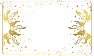 Altın güneşli beyaz sihirli arka plan, fotokopi alanı ve yıldızlı kozmik boho posteri. Astroloji, tarot, cadının bayrağı. El çizimi vektör illüstrasyonu, klasik tasarım