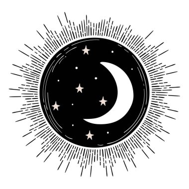 Sihirli top klasik el çizimi. Hilal ay ve yıldızlı ilahi küre, evren konsepti, sihir, öngörü. Beyaz arkaplanda izole edilmiş vektör doğrusal illüstrasyon