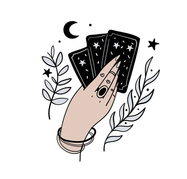 Mão feminina detém cartas de tarô mágico, tatuagem boho, símbolo de adivinhação e previsão, ícone para bruxa, astrologia. Ilustração vetorial isolada sobre fundo branco. — Vetor de Stock