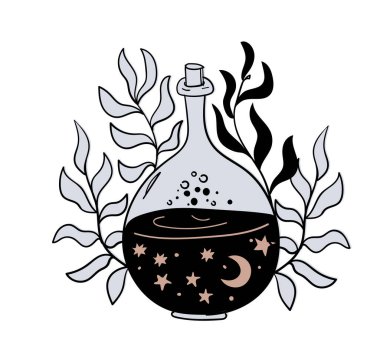 Sihirli bir içeceği olan bir vazo, aydan bir şişe aşk iksiri ve çiçekli bir yıldız. Klasik boho dövmesi, tarot ve astroloji sembolü. Büyücülüğün vektör çizimi.