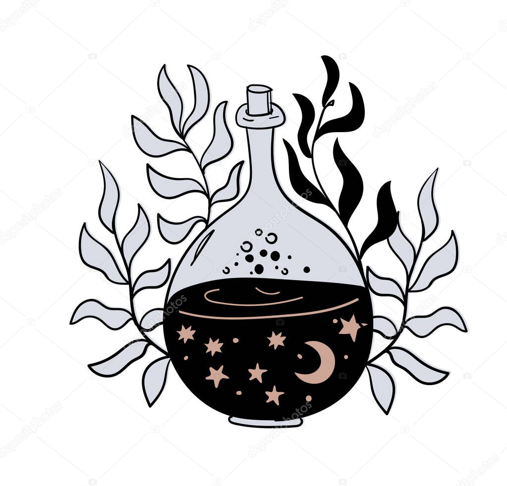 A vase with a magic drink, a bottle of love potion from the moon and stars with flowers and plants. Vintage boho tattoo, symbol for tarot and astrology. Vector illustration of witchcraft