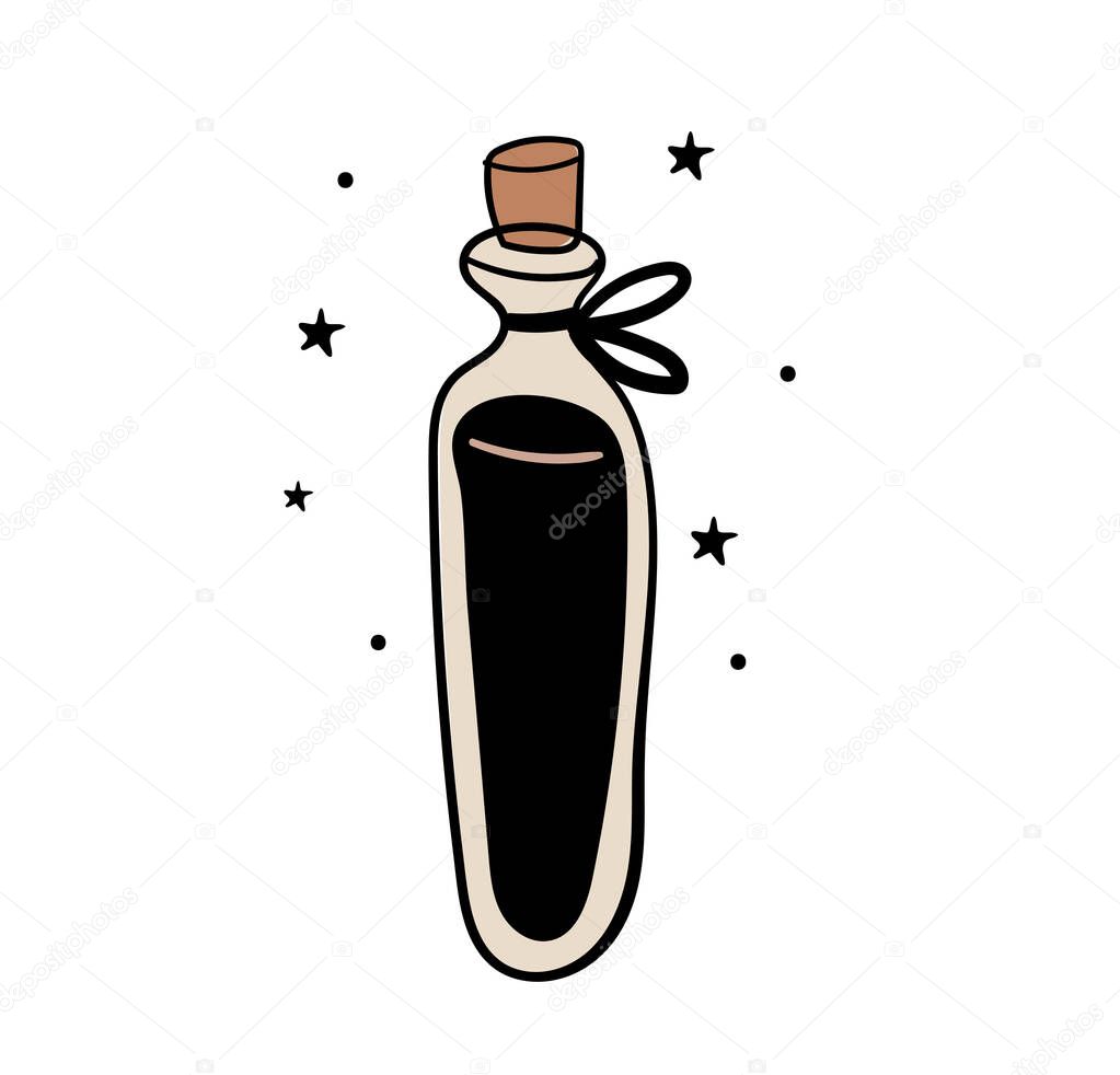 A vase with a magic drink, a bottle of love potion with a ribbon and stars. Vintage boho style tattoo, witch amulet. Vector illustration of witchcraft