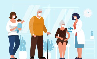 Yetişkinler ve yaşlılar için koronavirüs aşısı. Erkekler ve kadınlar aşının hastanede yapılmasını bekliyorlar. Doktor hastaları tedavi eder. Vektör düz resimleme.