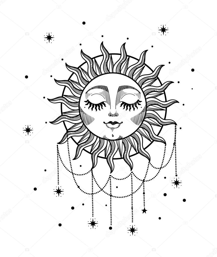 Beautiful boho sun with face, rays and precious jewelry. Hand drawn vintage linear tattoo. Celestial symbol for tarot and astrology cards. Vector illustration isolated on white background