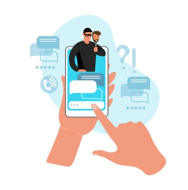 Akıllı telefon ekranında bir hilebazla sohbet eden iki el bir telefonu tutuyor. Siber suç, dolandırıcılık ve şantaj kavramı, internette işlenen online suçlar, sosyal ağlar, flört uygulamaları. Vektör düz resimleme