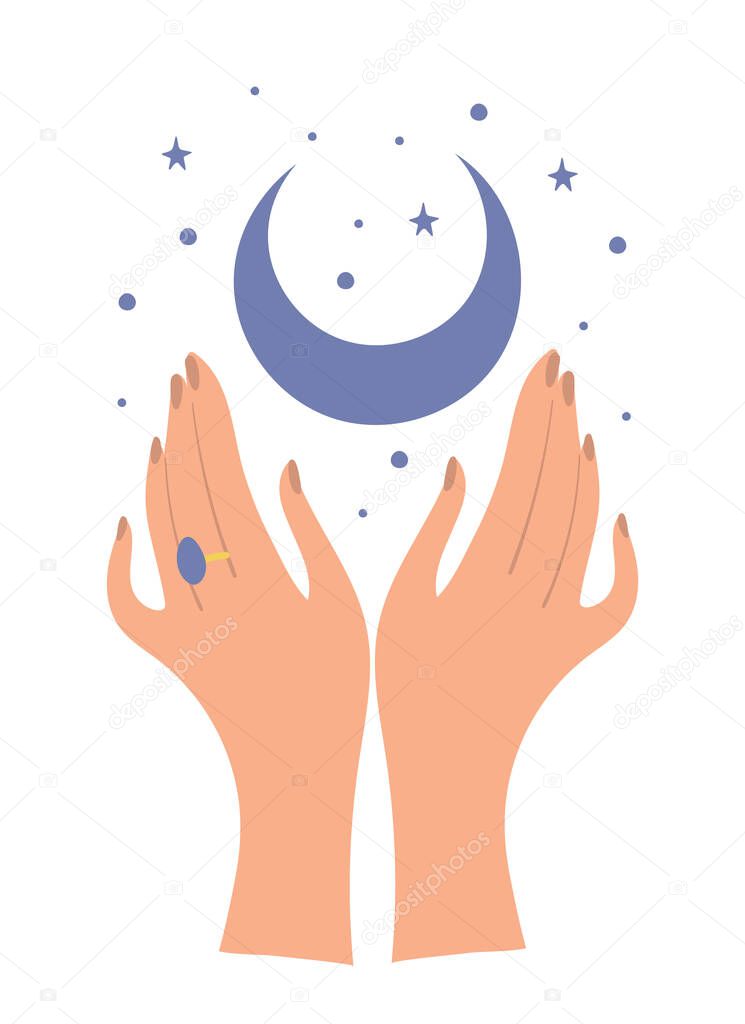 Two female hands and a crescent moon with stars, modern flat design, esoteric symbol for a witch, boho illustration for astrology. Vector isolated on white background