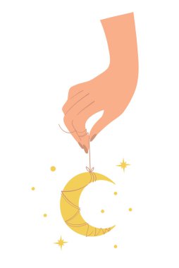 Hilal ay tılsımı tutan bir kadın el. Boho tarzında düz bir tasarım. Büyücülük, astroloji, el falı ve tarot için sihirli bir sembol. Vektör illüstrasyonu beyaz arkaplanda izole edildi.
