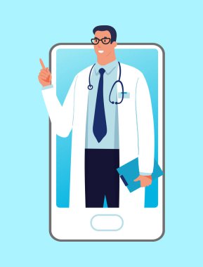 Online tıbbi konsültasyon kavramı, doktorla görüntülü görüşme. Cep telefonu ekranında bir doktor, tıbbi uygulama, tıbbi online eğitim. Düz çizgi film vektör çizimi.
