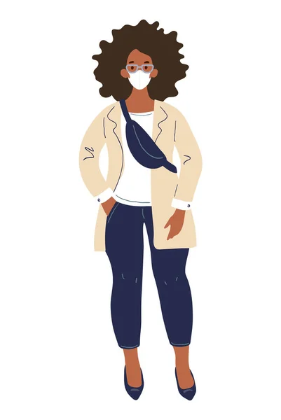 Moderne Afro-Amerikaanse studente in modieuze kleren. Zwarte vrouw met een medisch masker op haar gezicht. Cartoon platte karakter, vector illustratie geïsoleerd op witte achtergrond. — Stockvector