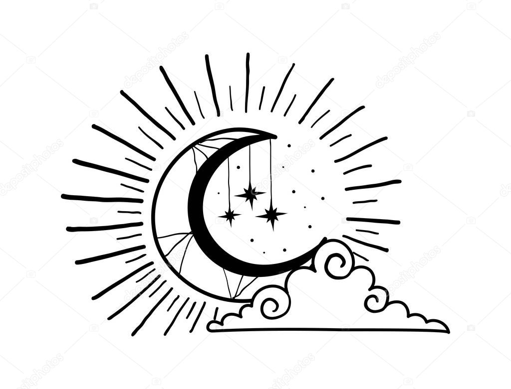 Shining crescent moon with stars and a cloud. Boho illustration in vintage design, tarot clipart. Vector hand drawing isolated on white background