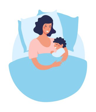 Genç bir anne yeni doğmuş bir bebekle uyur. Joint bir bebekle yatıyor. Kadın uyuyor, gülümsüyor ve bebeğe sarılıyor. Düz vektör illüstrasyonu.