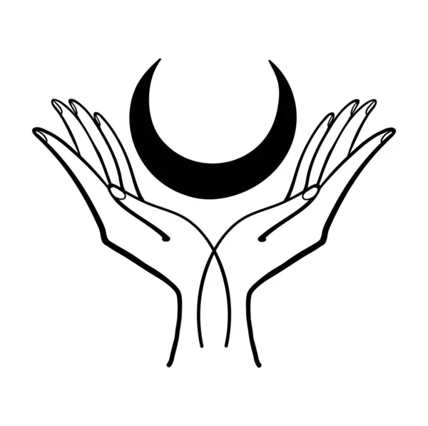 Två händer håller en halvmåne, hand ritning i orientalisk stil, boho klistermärke, vintage logotyp. Linjär ikon för astrologi, tarot. vektor illustration isolerad på vit bakgrund. — Stock vektor
