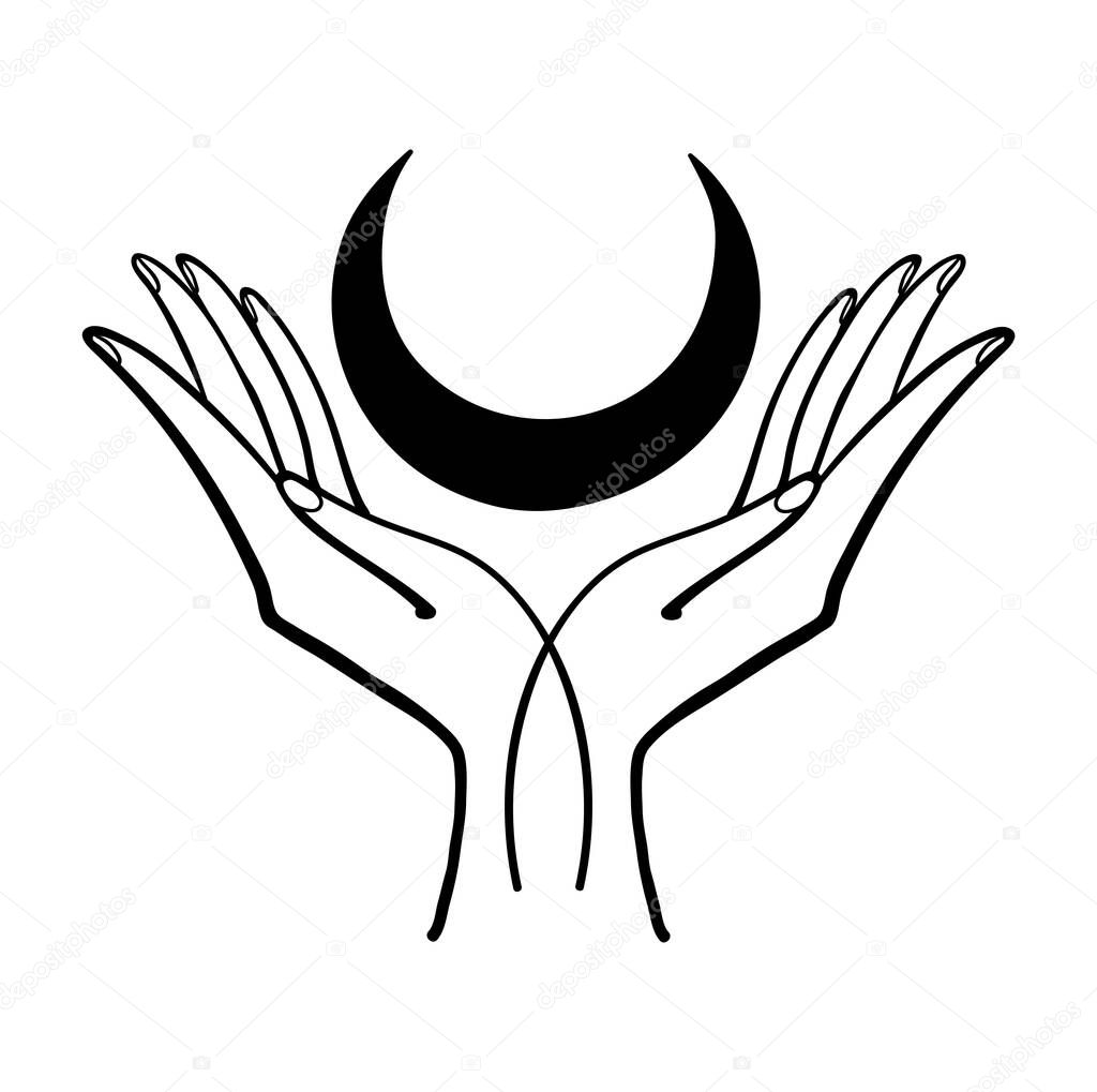 Two hands holding a crescent moon, hand drawing in oriental style, boho sticker, vintage logo. Linear icon for astrology, tarot.Vector illustration isolated on white background