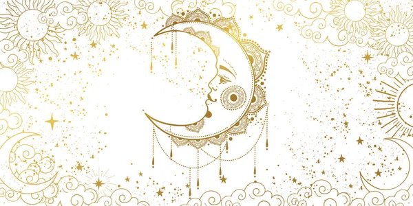Λευκό φόντο με ένα χρυσό μισοφέγγαρο με πρόσωπο. Ένα πρότυπο αστρολογίας, ταρώ, ένα πανό για μια μάγισσα. Θεϊκό boho design, χειροποίητη διανυσματική απεικόνιση, vintage στυλ. — Διανυσματικό Αρχείο
