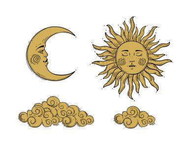 Boho stilinde mistik tasarım için bir takım elementler. Altın güneş ve yüzü bulutlu hilal ay. Retro el çizimi. Vektör illüstrasyonu beyaz arkaplanda izole edildi.